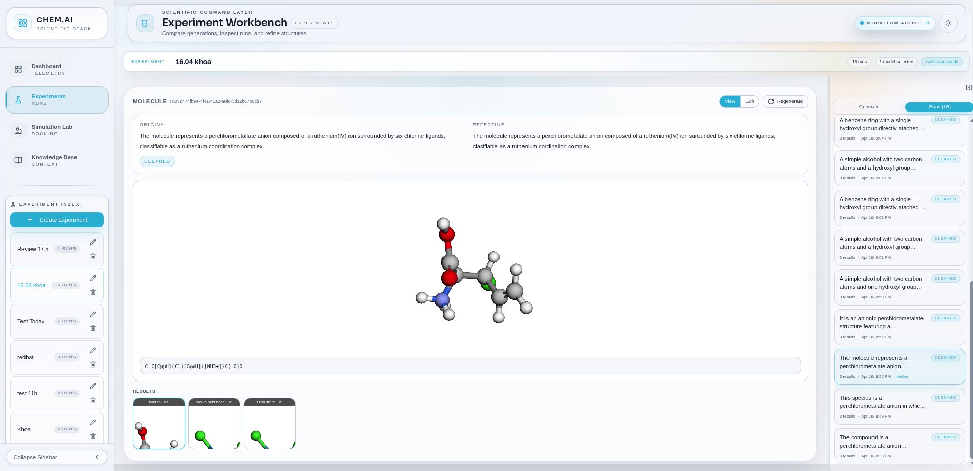 Local LexiChem Experiments Workbench screenshot showing prompt comparison, a 3D molecule view and multi-model results.