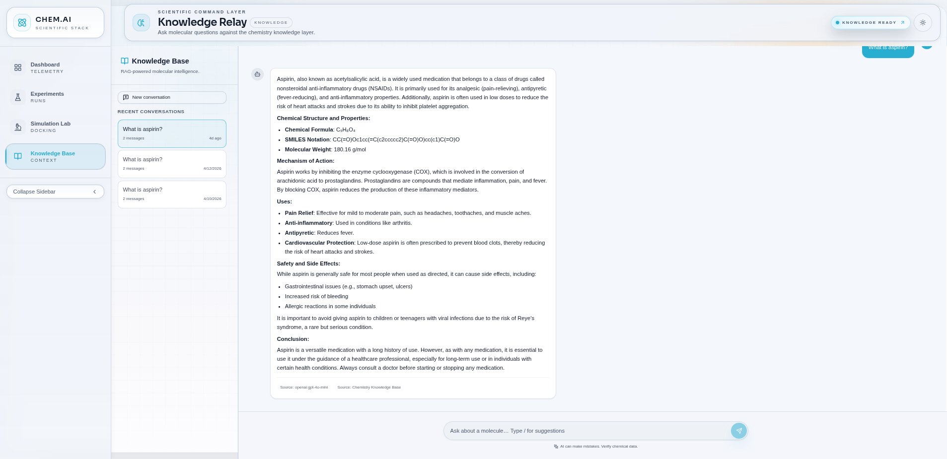 Local LexiChem Knowledge screenshot showing a chemistry question, answer and source labels.
