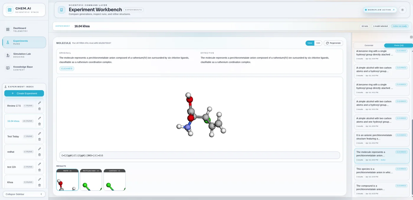 LexiChem Experiments Workbench with molecular visualization